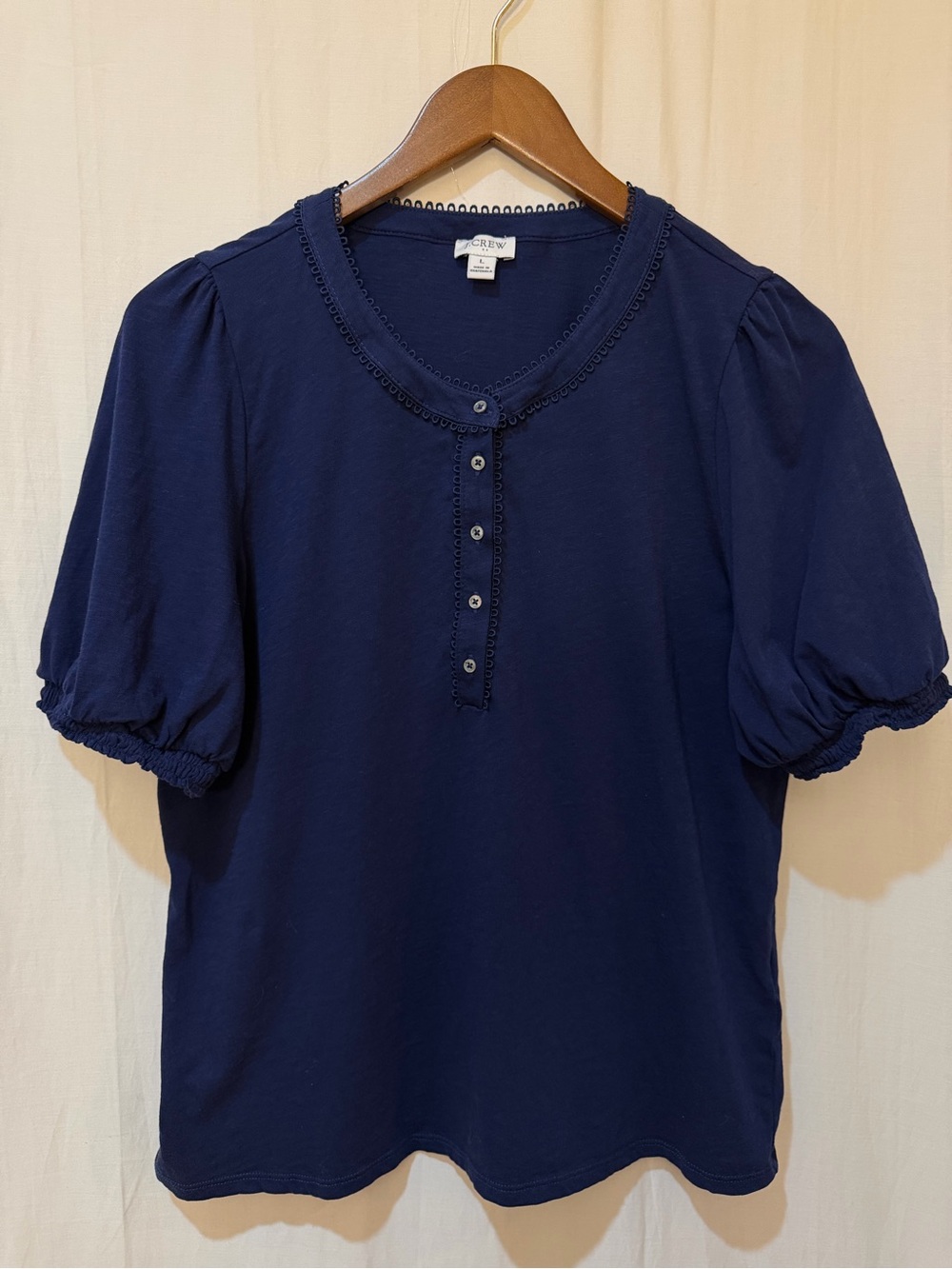 J. Crew Factory Short Sleeve Cotton Henley Top w. Lace Trim at Collar - Navy - L